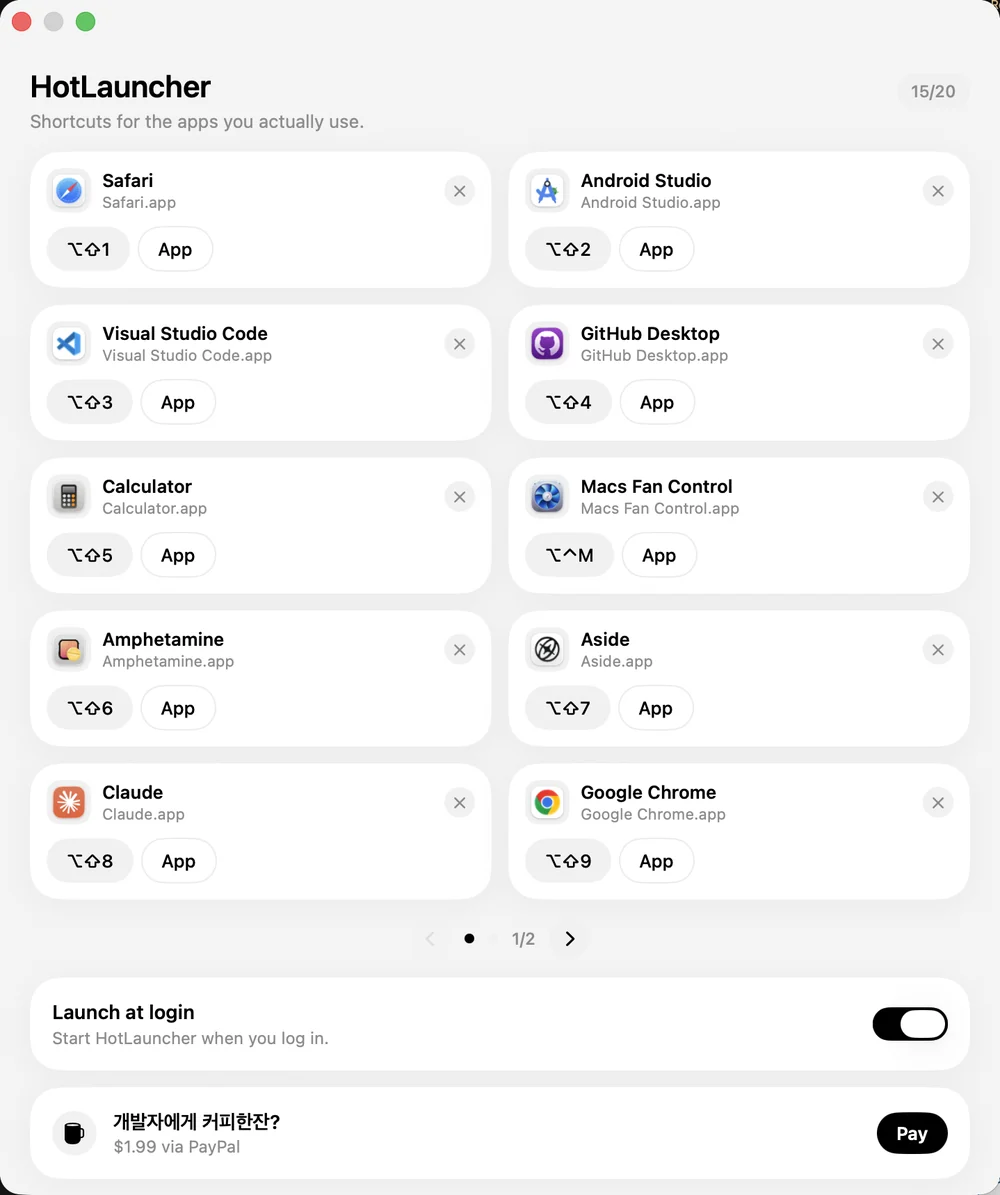 HotLauncher 설정 창. Safari, Android Studio, VS Code 등 10개 앱이 2열 5줄로 놓여 있고 각각 ⌥⇧1부터 ⌥⇧9 같은 단축키가 붙어 있으며, 아래에 로그인 시 자동 실행 토글이 있습니다. Screenshot of the HotLauncher settings window showing 10 apps in a 2x5 grid with global hotkeys assigned.